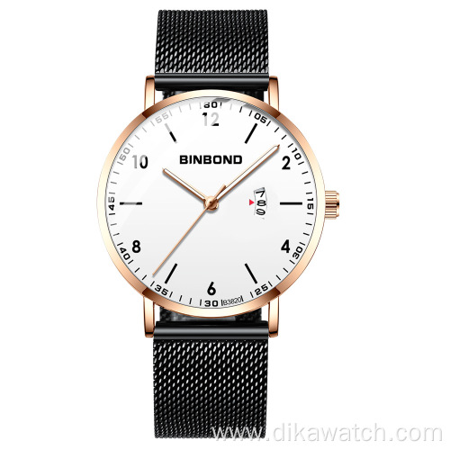 Binbond New Arrival Quartz Watch For Men with Mesh Stainless Steel Calendar Black Wrist Watch Fashion Casual Military Watches